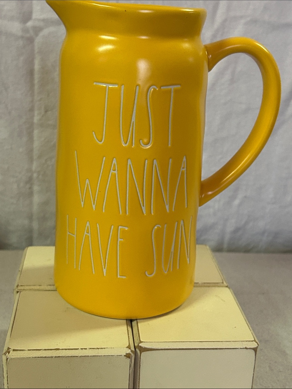 Rae Dunn Yellow Ceramic Pitcher with White Lettering